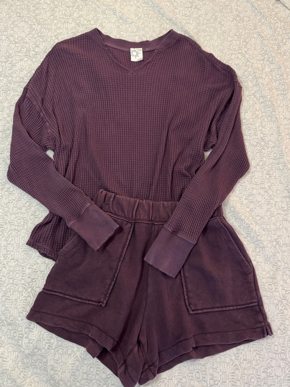 Aerie Plum Waffle-Knit Long Sleeve Top and Shorts